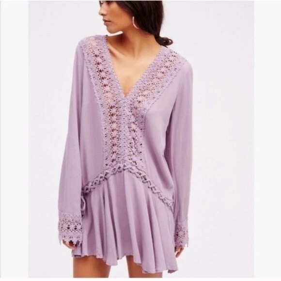 Free People Dresses & Skirts - Free People In The Shadows Lavender 100% Cotton Lace Mini Dress Size S